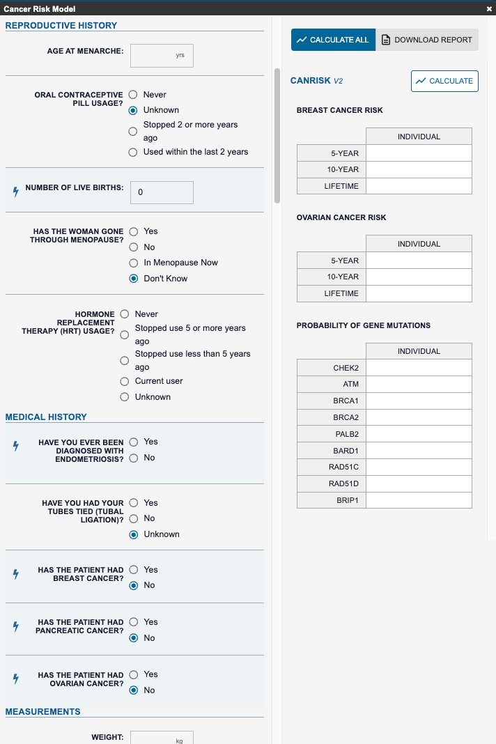  A screenshot of PhenoTips' pedigree-embedded Cancer Risk Assessment interface showing improvements to the model, including added support for CanRisk v2, fields for OCP years, endometriosis, and tubal ligation, and added probability of mutation for BARD1, RAD51C, RAD51D, and BRIP1.