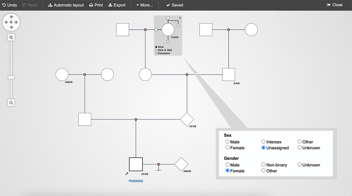 A screenshot of PhenoTips' Pedigree Maker / Pedigree Tool showing a four-generation family that includes a trans man as the proband, shown by a square with the label 'AFAB', in a relationship with a non-binary person, shown by a triangle labeled 'AMAB'. The proband has a nonbinary parent, shown by a traingle labeled 'AFAB', and one intersex grandfather, shown by a square labeled 'AIAB', and a trans grandmother, shown by a circle labeled 'AMAB'. There is also an intersex great-grandmother, shown by a circle labeled 'UAAB'.