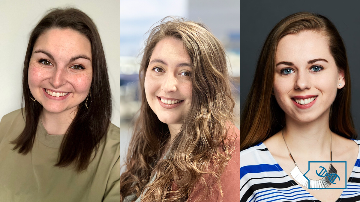 A horizontal grid of the professional headshots of Chelsea Wagner, Rozalia Valentine, and Kira Dineen. Overlaid in the bottom right corner is the PhenoTips Speaker Series logo in blue, which is a speech bubble with a DNA helix inside.