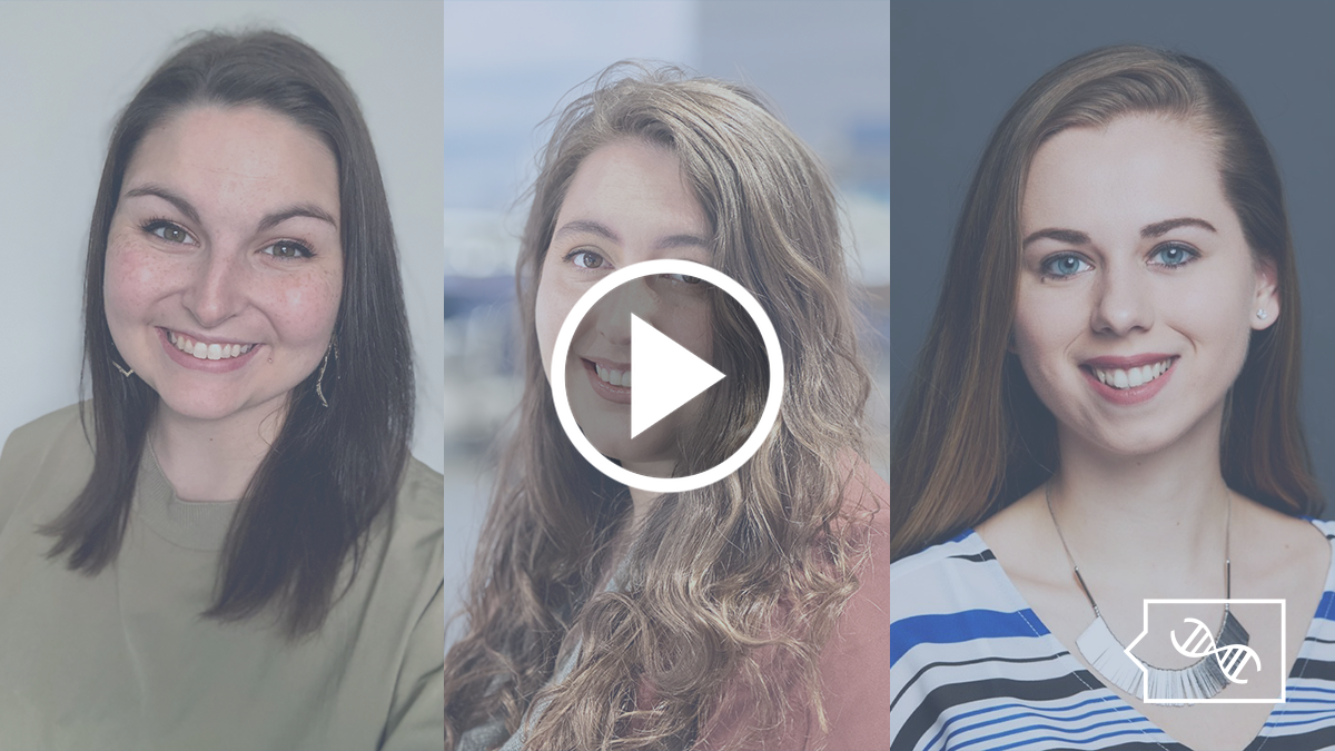 A horizontal grid of the professional headshots of Chelsea Wagner, Rozalia Valentine, and Kira Dineen. Overlaid in the bottom right corner is the PhenoTips Speaker Series logo in blue, which is a speech bubble with a DNA helix inside.