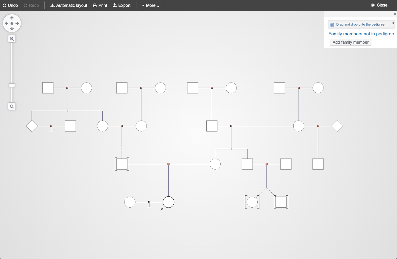A screenshot of PhenoTips’ pedigree chart builder featuring a family that includes multiple LGBT relationships.