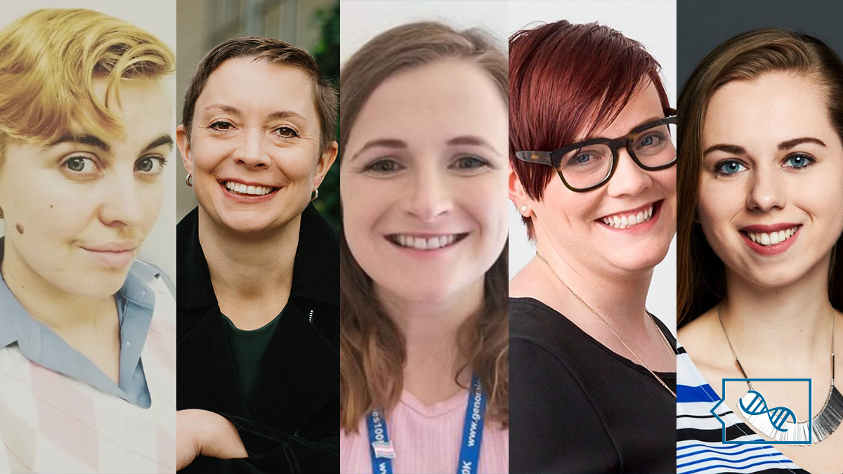 A horizontal grid of 5 professional headshots, from left to right: Andy Cantor, Dr. Jehannine Austin, Josephine Giblin, Katie Gallagher, and Kira Dineen. Overlaid in the bottom right corner is the PhenoTips Speaker Series logo in blue, which is a speech bubble with a DNA helix inside.