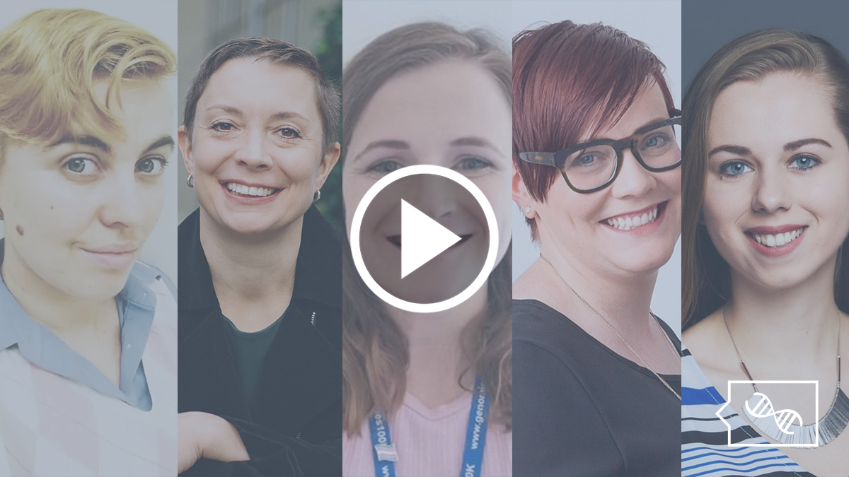 A horizontal grid of 5 professional headshots, from left to right: Andy Cantor, Dr. Jehannine Austin, Josephine Giblin, Katie Gallagher, and Kira Dineen. Overlaid in the bottom right corner is the PhenoTips Speaker Series logo in blue, which is a speech bubble with a DNA helix inside.