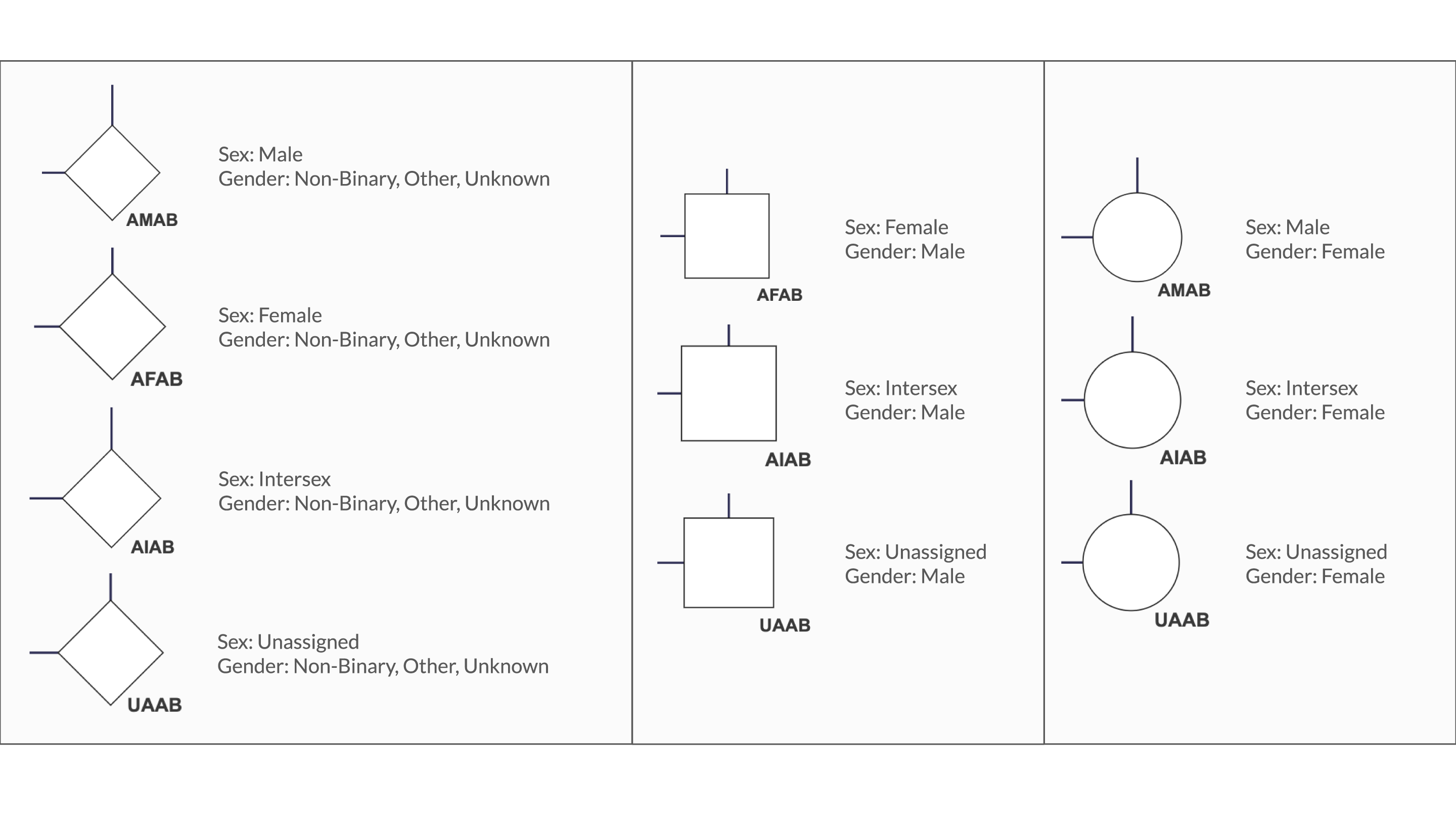 A figure split into 3 parts. The first are 4 triangles, all of which are labeled as gender non-binary, other, or unknown and each with an acronym label in the bottom right corner for: AMAB Sex: Male, AFAB Sex: Female, AIAB, Sex: Intersex, and UAAB Sex: Unassigned. The second are 3 squares, all of which are labeled as gender male, and each with an acronym label in the bottom right corner for: AFAB Sex: Female, AIAB, Sex: Intersex, and UAAB Sex: Unassigned. The third is 3 triangles, all of which are labeled as gender female and each with an acronym label in the bottom right corner for: AMAB Sex: Male, AIAB, Sex: Intersex, and UAAB Sex: Unassigned.