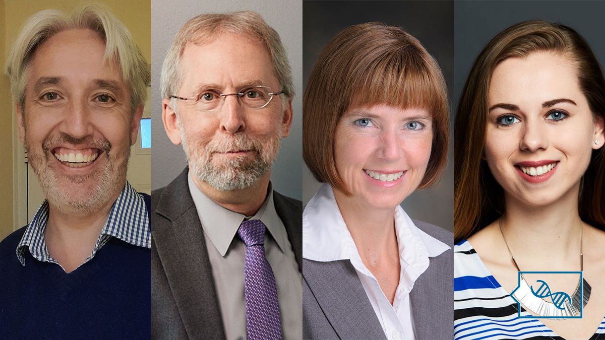 A horizontal grid of 4 professional headshots, from left to right: Dr. Julian Barwell, Dr. Eric Green, Dr. Fiona Brinkman, and Kira Dineen. Overlaid in the bottom right corner is the PhenoTips Speaker Series logo in blue, which is a speech bubble with a DNA helix inside.