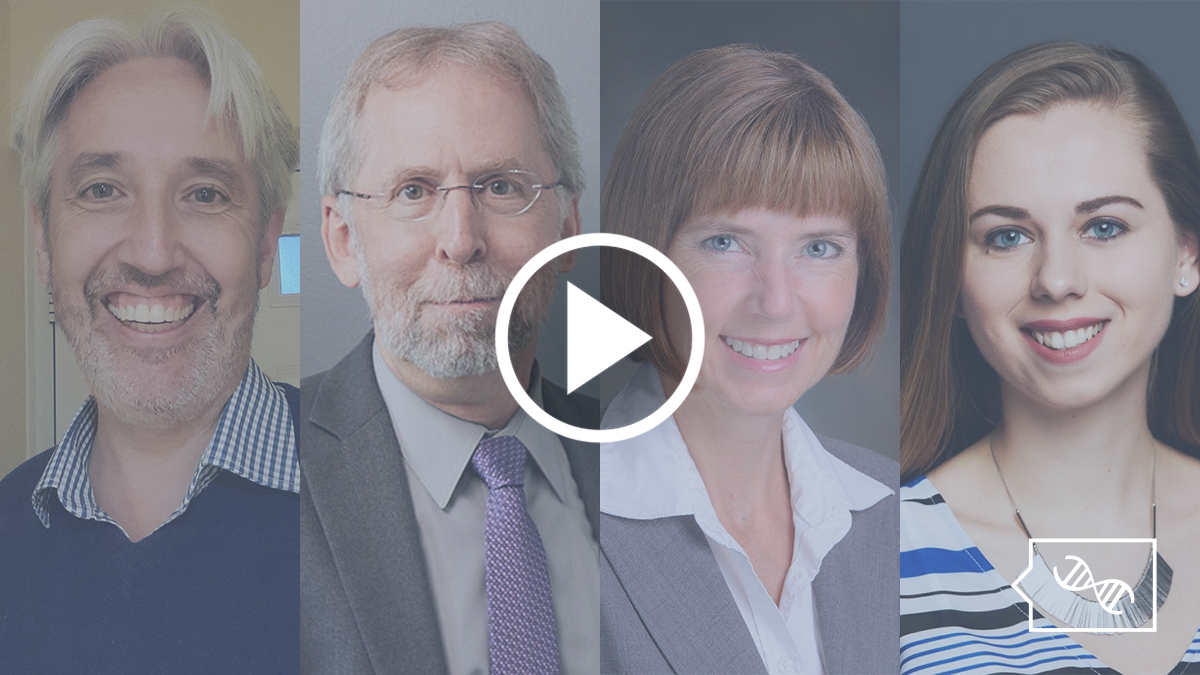 A horizontal grid of 4 professional headshots, from left to right: Dr. Julian Barwell, Dr. Eric Green, Dr. Fiona Brinkman, and Kira Dineen. Overlaid in the bottom right corner is the PhenoTips Speaker Series logo in blue, which is a speech bubble with a DNA helix inside.