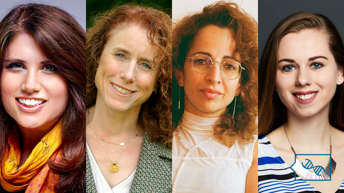 A horizontal grid of the professional headshots of Jill Stopfer, Laura Hercher, Demetra Georgiou, and Kira Dineen. Overlaid in the bottom right corner is the PhenoTips Speaker Series logo in blue, which is a speech bubble with a DNA helix inside.