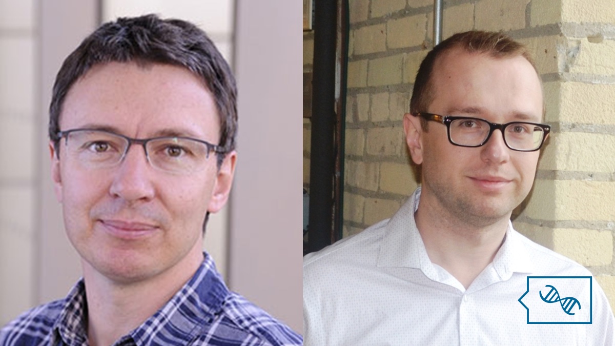 Side by side professional headshots of Dr. Damian Smedley and Dr. Pawel Buczkowciz, overlaid with the PhenoTips Speaker Series logo (a speech bubble with a DNA double helix inside it) on the bottom right corner.