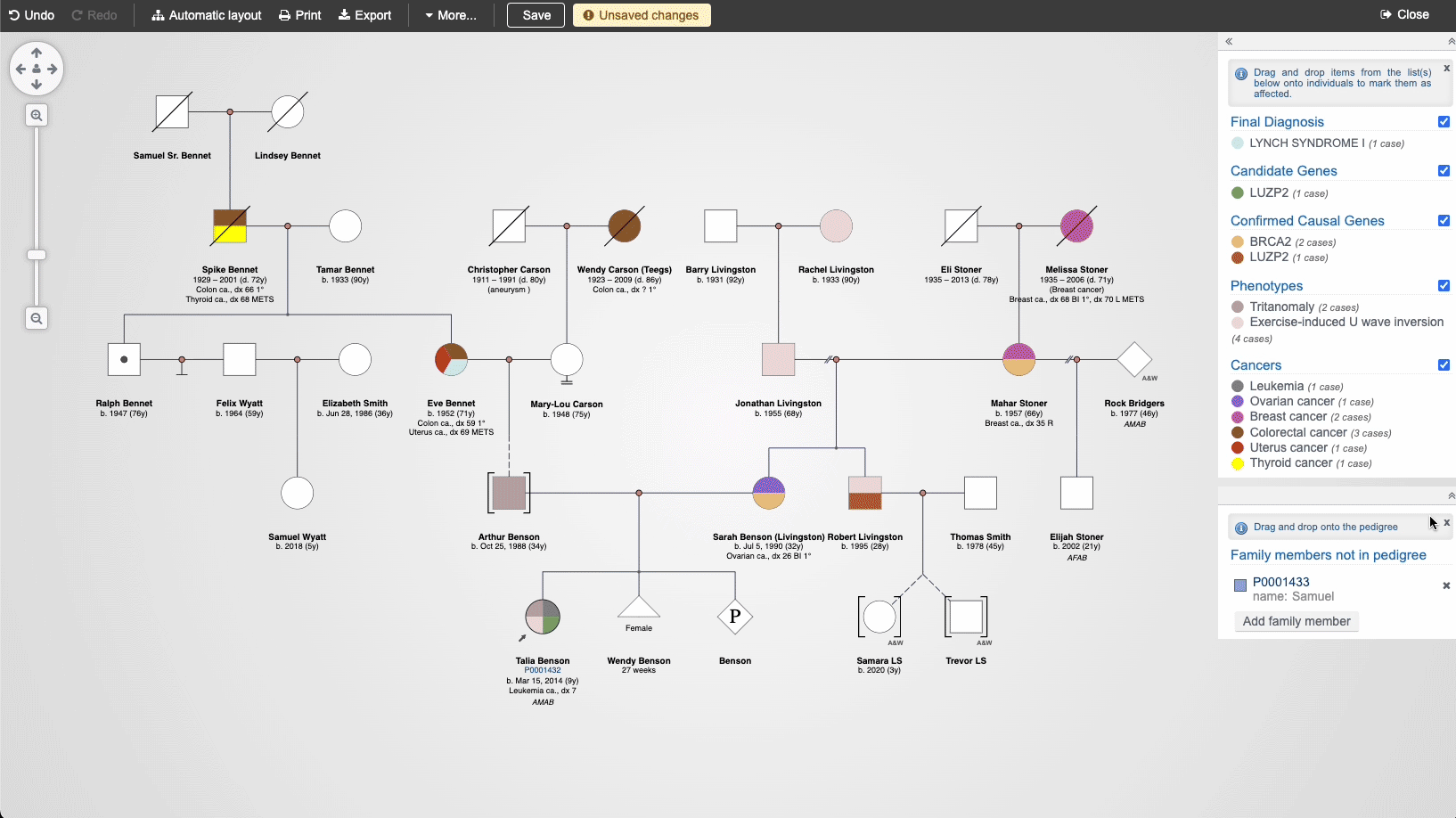 A GIF showing the PhenoTips pedigree tool in the process of drawing a pedigree chart for a patient