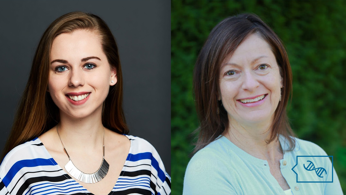 A split screen image of Kira Dineen, a young white woman with straight brown hair and a statement necklace, and Ellen Matloff, an adult white woman with medium length straight brown hair wearing a light blue cardigan. Overlaid in the bottom right corner is the PhenoTips Speaker Series logo in blue, which is a speech bubble with a DNA helix inside.