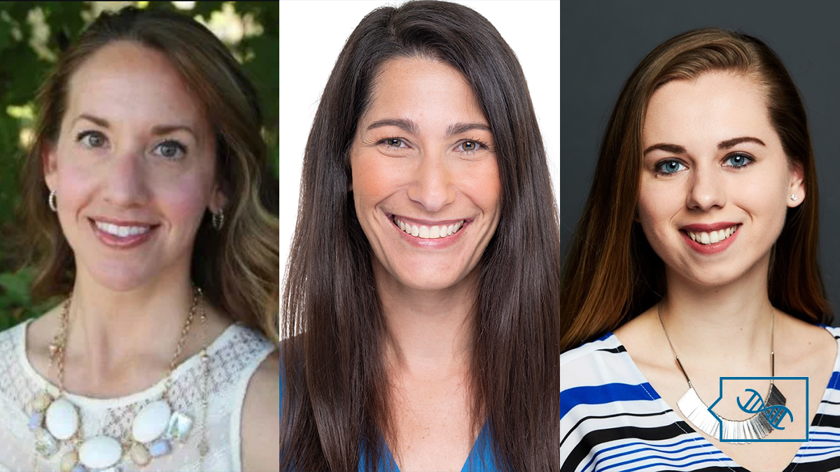 A 3 way split screen image of Amy Sturm, an adult white woman with wavy light brown hair, Erynn Gordon, an adult white woman with dark brown straight hair, and Kira Dineen, a young white woman with straight brown hair and a statement necklace. Overlaid in the bottom right corner is the PhenoTips Speaker Series logo in blue, which is a speech bubble with a DNA helix inside.