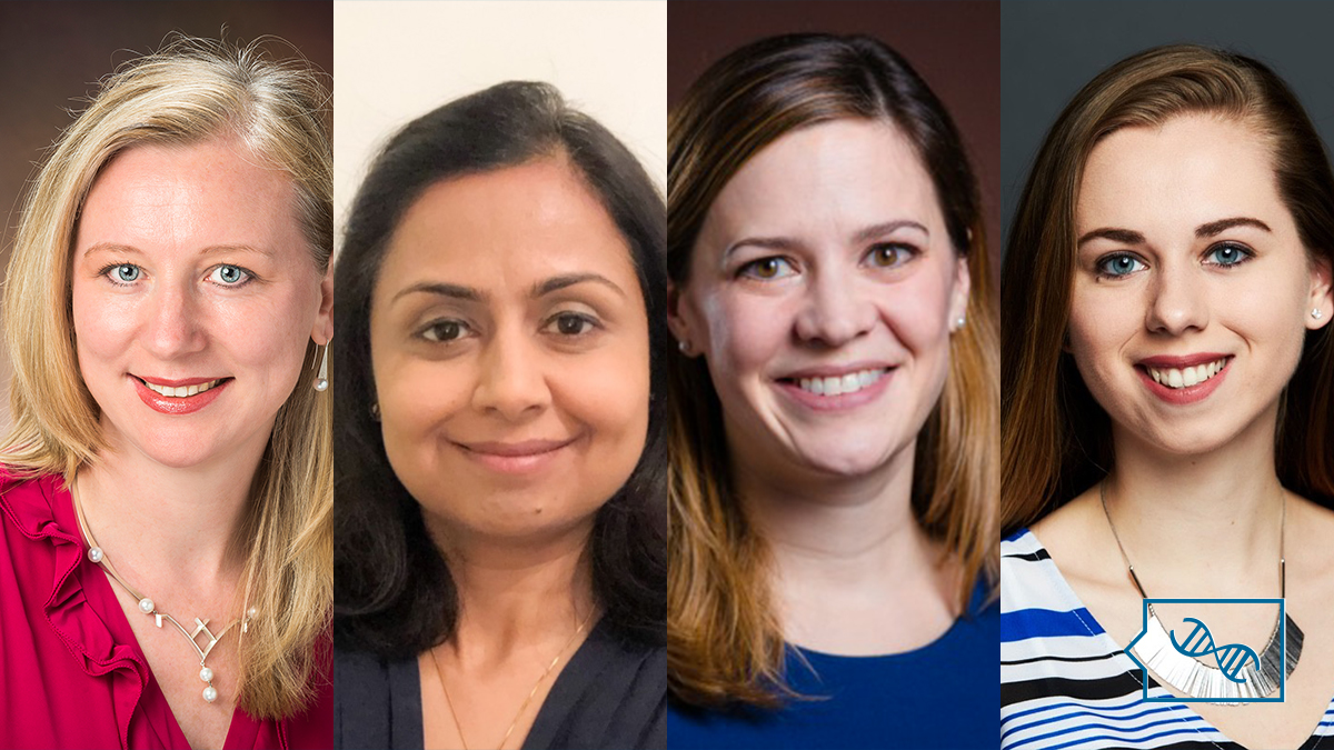 A 4 way split screen image of Livija Medne, a white adult woman with light blonde hair, Vishakha Tripahi, a brown adult woman with dark brown hair and a black shirt, Jessie Conta, an adult white woman with ombre brown hair, and Kira Dineen, a young white woman with straight brown hair and a statement necklace. Overlaid in the bottom right corner is the PhenoTips Speaker Series logo in blue, which is a speech bubble with a DNA helix inside.