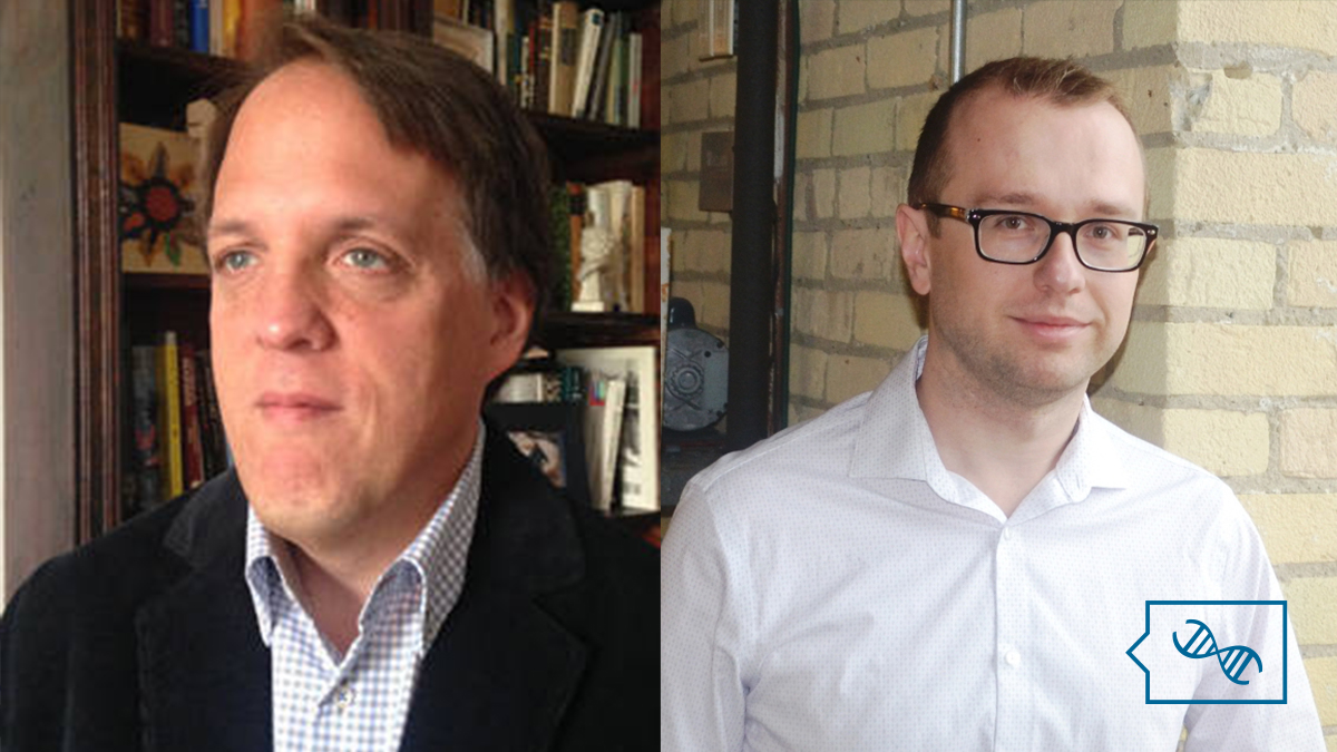 A split screen image of Dr. Peter Robinson, an adult white man with salt-and-pepper hair and a black suit jacket, and Dr. Pawel Buczkowicz, a young adult white man with square glasses and a white dress shirt. Overlaid in the bottom right corner is the PhenoTips Speaker Series logo in blue, which is a speech bubble with a DNA helix inside.